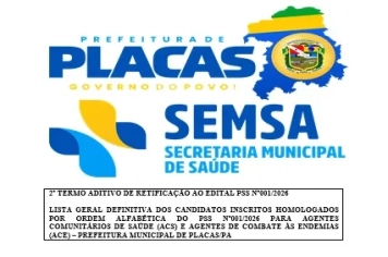 DIVULGAÇÃO DO 2º TERMO ADITIVO DE RETIFICAÇÃO AO EDITAL PSS Nº001/2026 E LISTA DEFINITIVA DOS CANDIDATOS AOS CARGOS DE ACS E ACE COM LOCAL DE PROVA